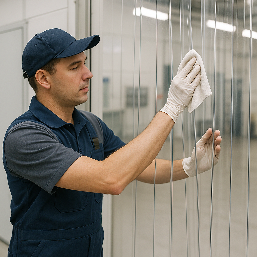 A worker cleaning transparent PVC strip curtains to maintain visibility and hygiene.